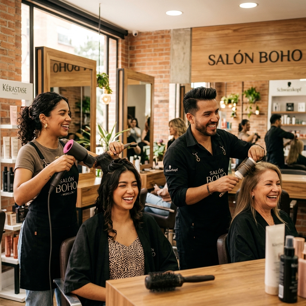 Estilistas sonrientes trabajando y atendiendo clientes con el sistema Nubel